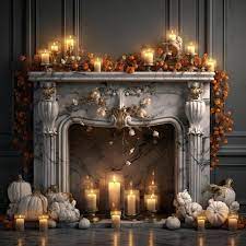 A Fireplace With Candles Pumpkins And