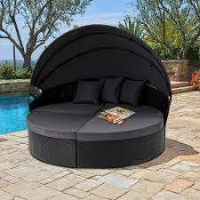 Suncrown 4 Piece Wicker Outdoor Day Bed With Black Cushions And Retractable Canopy