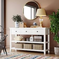 Retro And Modern Design 50 In White Rectangle Pine Console Table With 3 Top Drawers And 2 Open Shelves