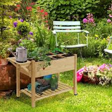 Outsunny 49 X 21 X 34 Raised Garden Bed W 8 Grow Grids Outdoor Wood Plant Box Stand W Folding Side Table And Wheels Natural