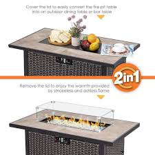 Nuu Garden 43 In 50 000 Btu Brown Rectangle Wicker Outdoor Propane Gas Fire Pit Table With Glass Fire Pit Wind Guard Dark Brown Coffee