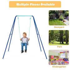 Topbuy Patiojoy Outdoor Kids Metal Swing Set With Frame Steel Stand Heavy Duty Metal A Frame Orange Blue