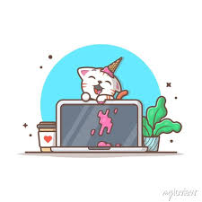 Cute Cat Eat Ice Cream On Laptop With