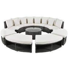 9 Piece Rattan Wicker Outdoor Patio Circular Sectional Sofa Grey Lounge Set With Tempered Glass Table Beige Cushions