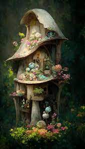 A Painting Of A Fairy House With A Tree
