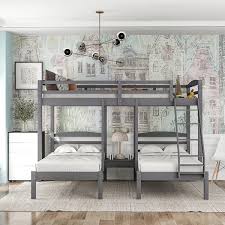 Anbazar Gray L Shaped Full Over Twin Bunk Beds With Ladder And Guardrails Wood Triple Kids Bunk Bed Frame