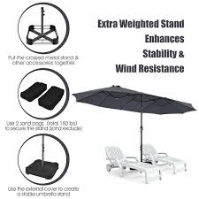15 Ft Double Side Steel Crank Extra Large Market Patio Umbrella With Sandbags And Cross Base In Gray