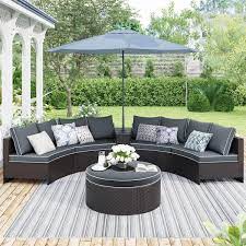 6 Pieces Pe Wicker Rattan Outdoor Sectional Half Round Sofa Set With Gray Cushion And Side Table And Round Table