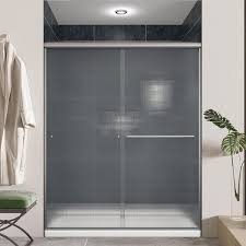 60 In W X 72 In H Sliding Semi Frameless Shower Door In Brushed Nickel Finish With Frosted Glass