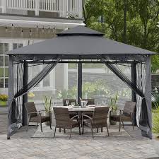 11 Ft X 11 Ft Gray Steel Outdoor Patio Gazebo With Vented Soft Roof Canopy And Netting