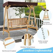 2 Person Wood Patio Swing Bench Chair With Adjustable Canopy