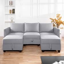 Naomi Home Modern Diy Collection Color Gray Material Linen Style 3 Seater With Double Ottoman