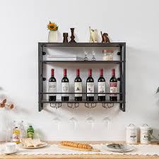 3 Tiers Industrial Wall Mounted Wine Rack With Glass Holder And Metal Frame Costway