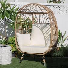 Barton 40 In W Oversized Wicker Egg Chair Patio Backyard Living Room Indoor Outdoor Chaise Lounge With Beige Cushions
