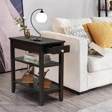 Costway 3 Tier Side End Table With Drawer Double Shelf Narrow Nightstand Espresso Size Small Brown