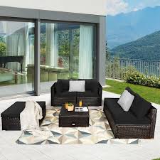 Gymax 6pcs Rattan Patio Sectional Sofa Set Outdoor Furniture Set W Black Cushions