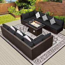 Luxury 11 Piece Outdoor Brown Wicker Deep Seating Patio Set With Gray Cushions And Rectangular Fire Pit Table