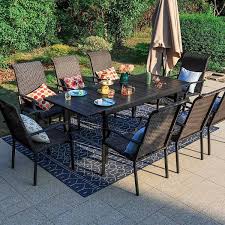 Phi Villa 9 Piece Metal Patio Outdoor Dining Set With Expandable Table And Brown Rattan High Back Wave Arm Chairs