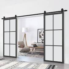 Calhome 72 In X 84 In 6 Lite Clear Glass Black Aluminum Frame Interior Double Sliding Barn Door With Hardware Kit