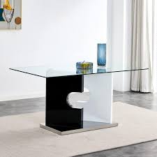 Magic Home 63 In Minimalist Rectangular Glass Dining Table With Tempered Glass Tabletop And Mdf Slab Shaped Base Black And White