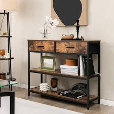 Console Table With Folding Fabric Drawers For Entryway Rustic Brown Costway