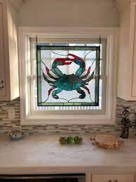 Blue Crab Stained Glass Hanging Panel
