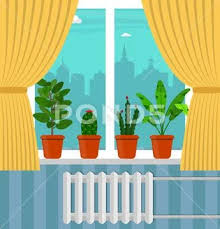 Big Window With Curtain And Plants In