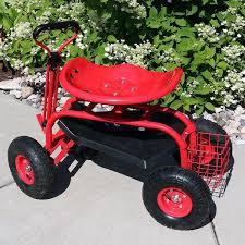 Sunnydaze Red Rolling Garden Cart With Extendable Steering Handle Swivel Seat Basket