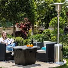 47 000 Btu Outdoor Patio Propane Heater With Portable Wheels Standing Gas Outside Heater Stainless Steel Burner Sliver