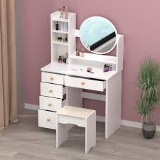 5 Drawers White Makeup Vanity Table Set With Stool Dressing Desk Vanity Wood With Round Mirror Storage Shelves