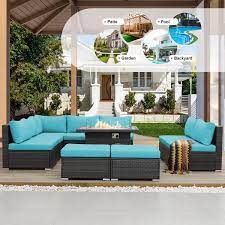 10 Piece Charcoal Wicker Patio Fire Pit Deep Sectional Seating Sofa Set With Teal Cushions With Ottomans