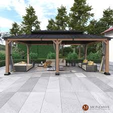 Mondawe 12 Ft X 20 Ft Outdoor Fir Solid Wood Frame Patio Gazebo Canopy Shelter With Galvanized Steel Hardtop Mosquito Netting Multi
