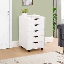 5 Drawers Chest Wood Storage Dresser With Wheels Craft Storage Organizer And Storage Drawer Office Drawer Unit White