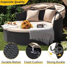 Chillrest Black Rattan Wicker Outdoor Patio Round Daybed With Retractable Canopy And Beige Cushions