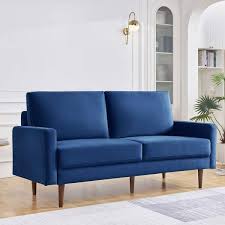 69 Inch Wide Upholstered Two Cushion Sofa With Square Arms In Blue Velvet