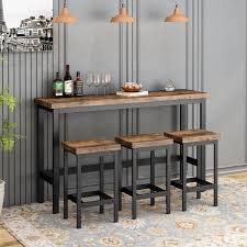 Athmile Brown Counter Height Extra Long Dining Table Set With 3 Stools Pub Kitchen Set Side Table With Footrest