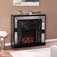 Lylan 23 In Electric Fireplace In Antique Silver W Black Faux Marble And Mirror