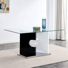 63 In Minimalist Rectangular Glass Dining Table With Tempered Glass Tabletop And Mdf Slab Shaped Base Black And White
