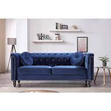 Vivian 75 98 In W Blue Classic Dark Blue Flared Arm Velvet 3 Seats Straight Chesterfield Sofa With Nailheads