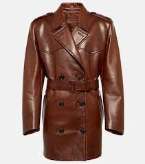 Leather Trench Coat In Brown Prada