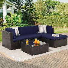 5 Piece Brown Rattan Wicker Outdoor Patio Sectional Sofa Set With Thick Navy Blue Cushions And Tempered Glass Table