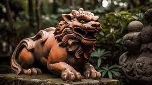 Stoic Lion Statue By A Bamboo Fence