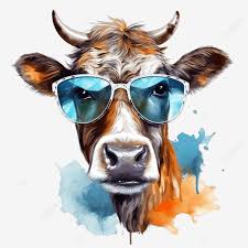 Watercolor Funny Cow Wearing Sunglasses