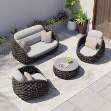 Woven Rope Outdoor Sofa Set Faux Marble