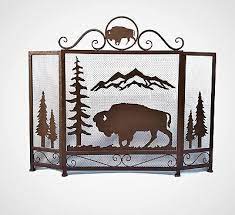 American Icon Majestic Bison Tri Fold Fireplace Screen Dark Brown Metal Free Standing Functional Spark Guard Foldable Decorative Fireplace