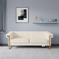 83 86 In W Beige Square Arm Velvet Mid Century Straight Channel Tufted 3 Seater Sofa With Stainless Steel Leg