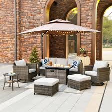 Ovios New Star Gray 7 Piece Wicker Patio Rectangle Fire Pit Conversation Set With Gray Cushions And Swivel Chairs
