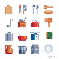 Kitchenware Pixel Art Icon Set Isolated