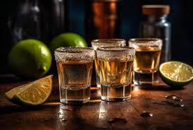 Four Shot Glasses Of Tequila Lime Juice