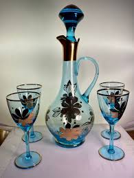 Blue Decanter And Glasses With 22k Gold